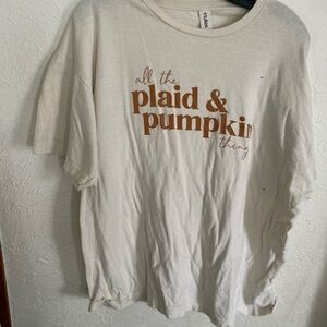 Cream Graphic T-Shirt with Plaid & Pumpkin Text